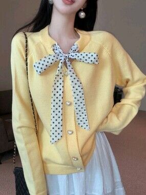 Autumn Winter Round Neck Polka Dot Bowknot Long Sleeve Yellow Sweet Cute